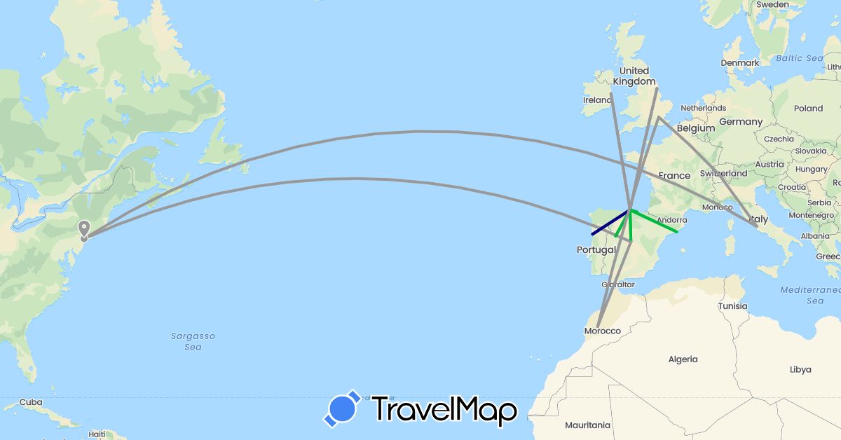 TravelMap itinerary: driving, bus, plane in Switzerland, Spain, United Kingdom, Ireland, Italy, Morocco, Portugal, United States (Africa, Europe, North America)