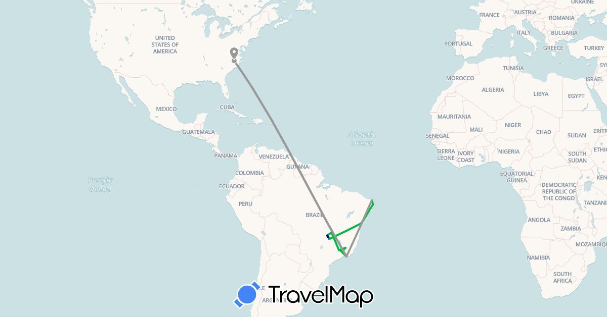 TravelMap itinerary: driving, bus, plane in Brazil, United States (North America, South America)