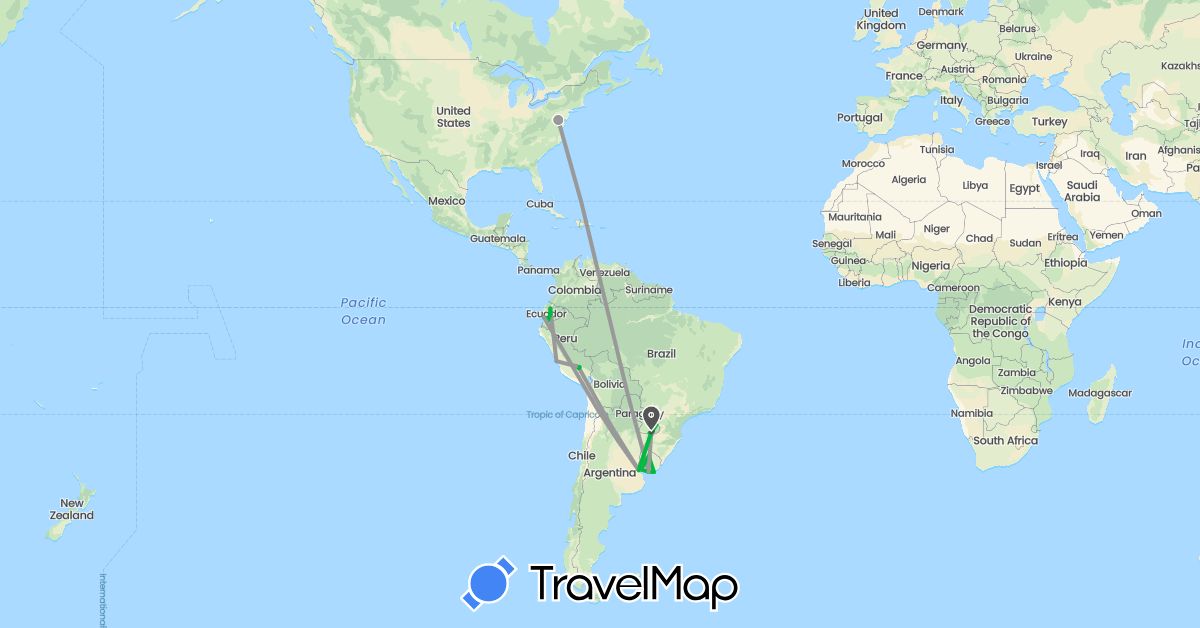 TravelMap itinerary: driving, bus, plane, motorbike in Argentina, Brazil, Ecuador, Peru, United States, Uruguay (North America, South America)